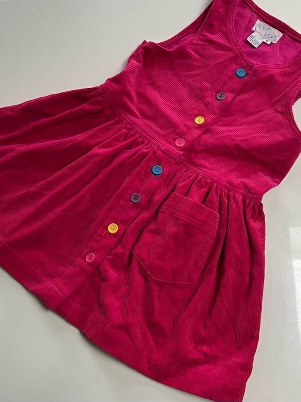 Vintage Peak 90s Girls Rainbow Button Corduroy Pleated Sleeveless Dress